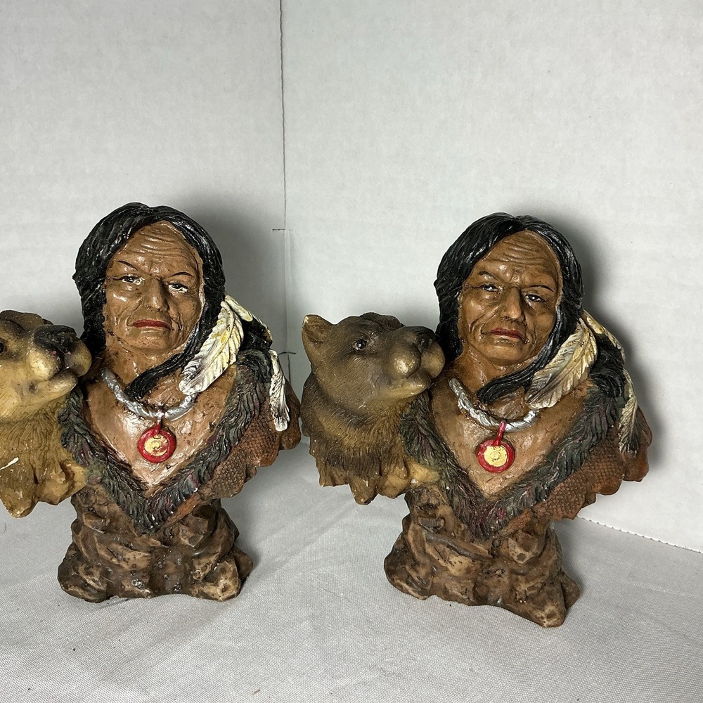 Vintage 1990s Set Of Two Native Indian Bust With Bear Companion
